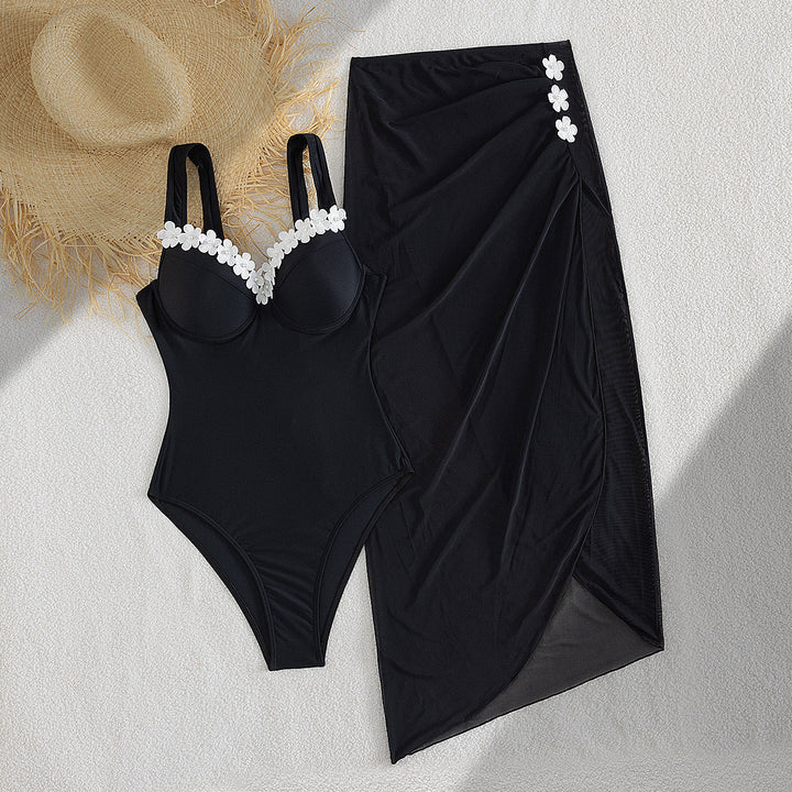 Damen Eleganter Einteiler Badeanzug mit transparentem Rock Drune