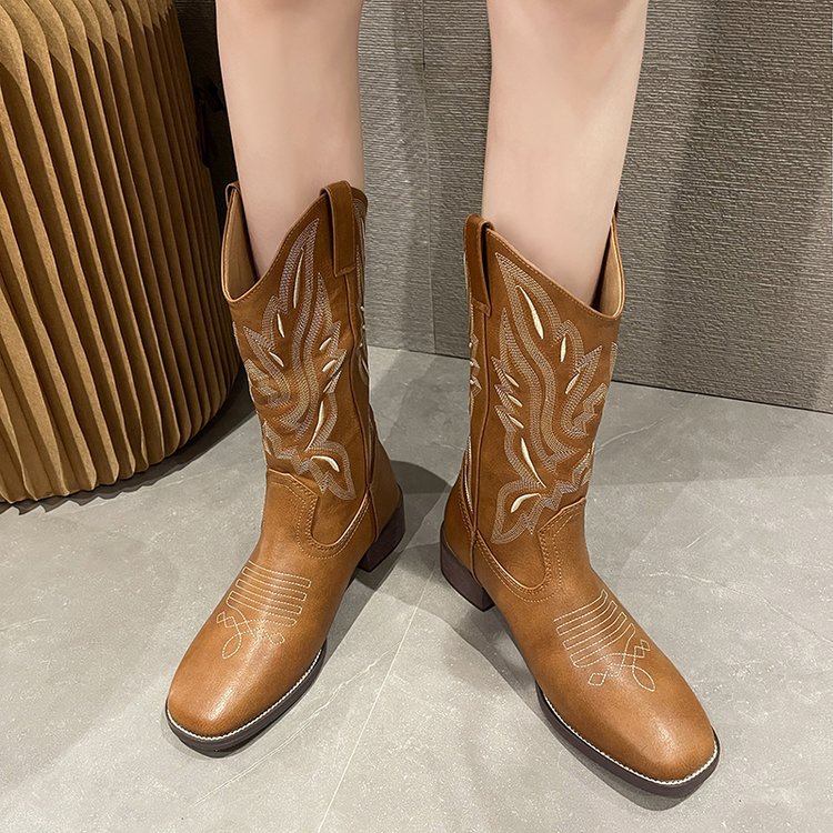 Damen Western-Cowboy-Boots mit aufwendiger Stickerei, mittlerer Schafthöhe und robuster Blockabsatz Drune