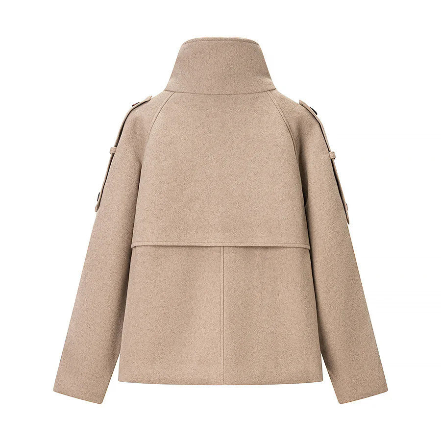 Damen nan kurzes zweireihiges Wollmix-Cape mit hohem Stehkragen und Epauletten Drune