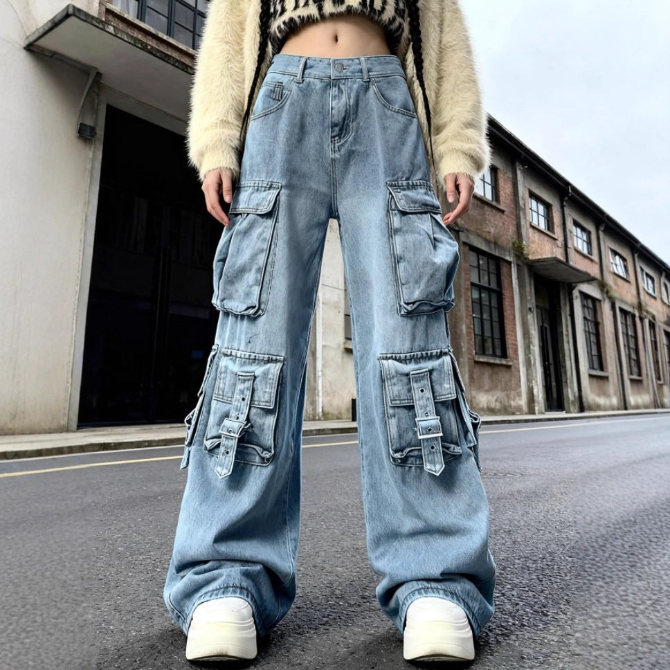 Damen Weite Cargo-Jeanshose mit mehreren aufgesetzten Taschen und Utility-Details Drune