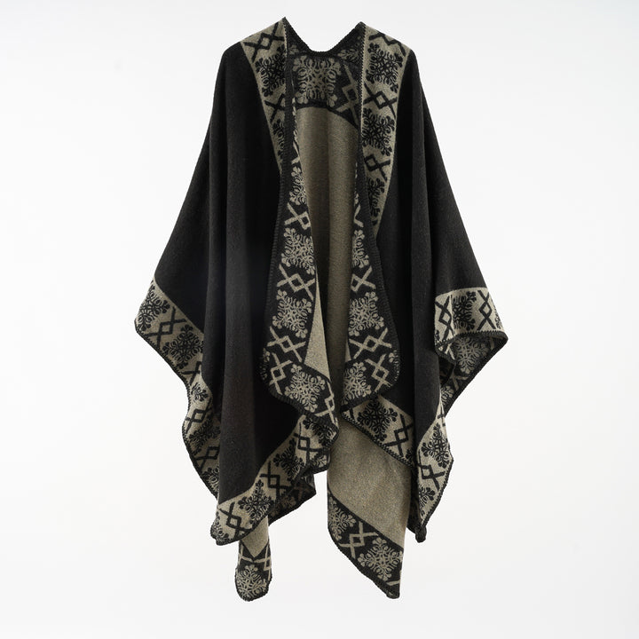 Damen Oversize-Umhangponcho aus Wollmix mit gewebter Bordüren-Jacquard und Zierkettelnaht Drune