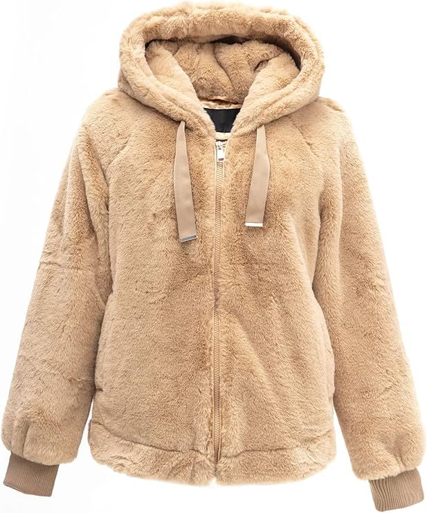 Damen Kapuzen‑Teddyjacke aus weichem Faux‑Fur mit Reißverschluss und Rippbündchen Drune