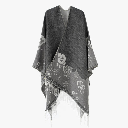 Damen Überwurfponcho im Kimono‑Stil aus Jacquardstrick mit floralem Bordürenmotiv und Fransensaum Drune