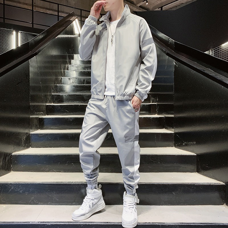 Herren Zweiteiliges Streetwear-Trainingsset mit Stehkragen, Kontraststreifen & reflektierenden Einsätzen Drune