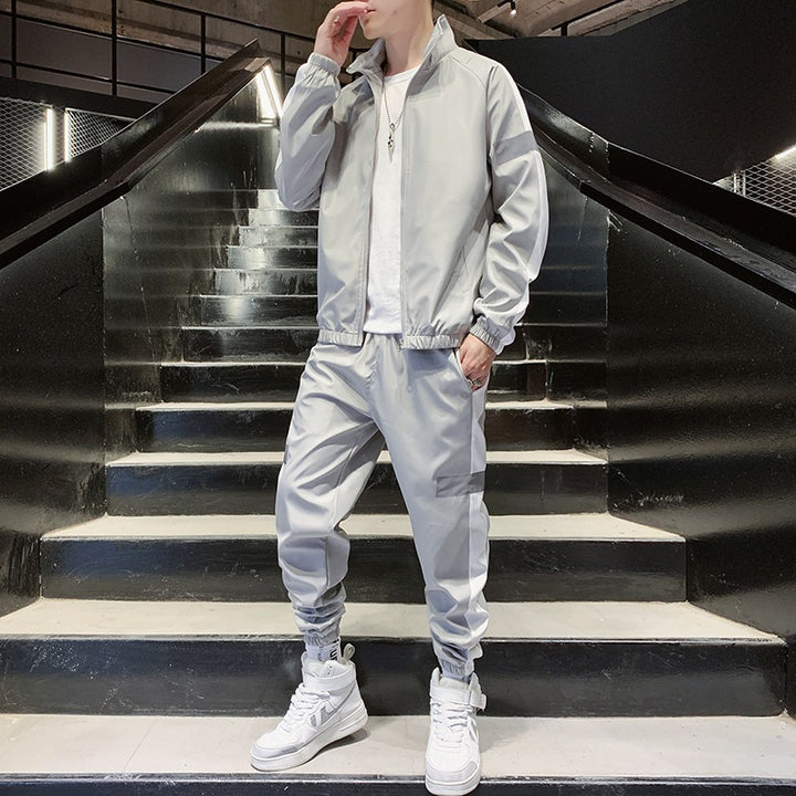 Herren Zweiteiliges Streetwear-Trainingsset mit Stehkragen, Kontraststreifen & reflektierenden Einsätzen Drune