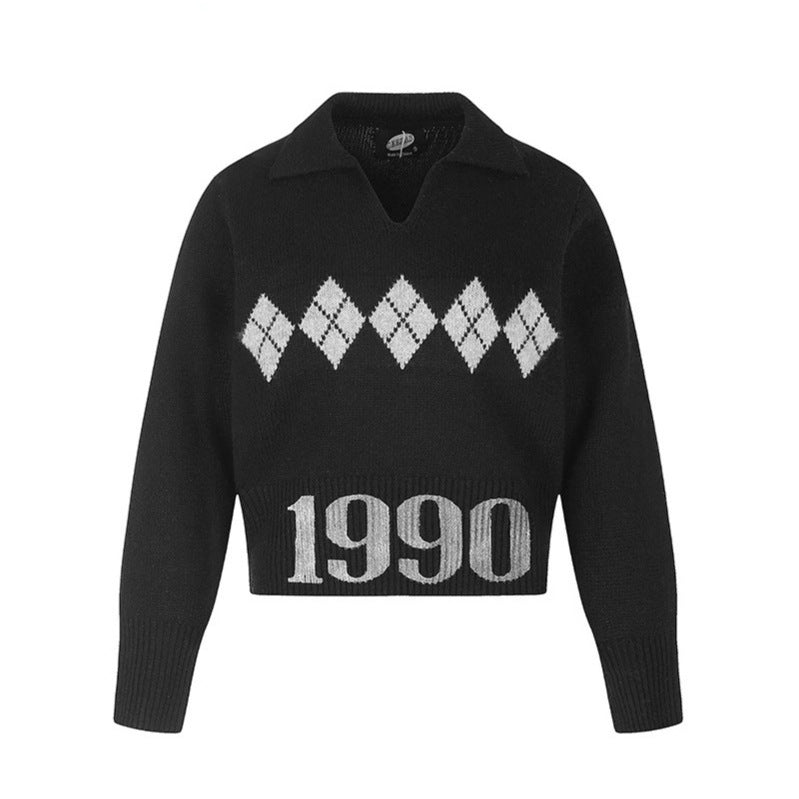Damen Cropped Strickpullover mit Polokragen, Rippbund und Argyle‑Motiv Drune
