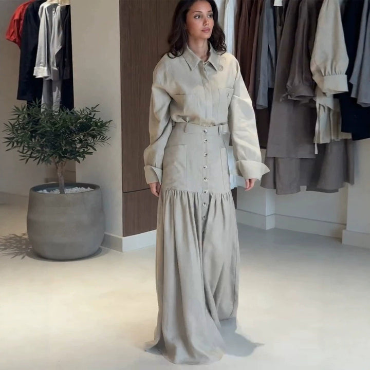 Damen Zweiteiliges Oversize-Hemd und Maxirock-Set mit hoher Taille & durchgehender Knopfleiste Drune