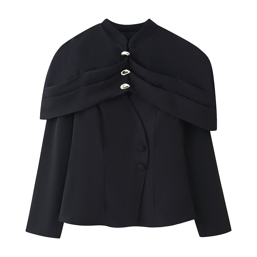 Damen Kurzer Taillierter Blazer mit Cape-Überwurf und Stehkragen Drune