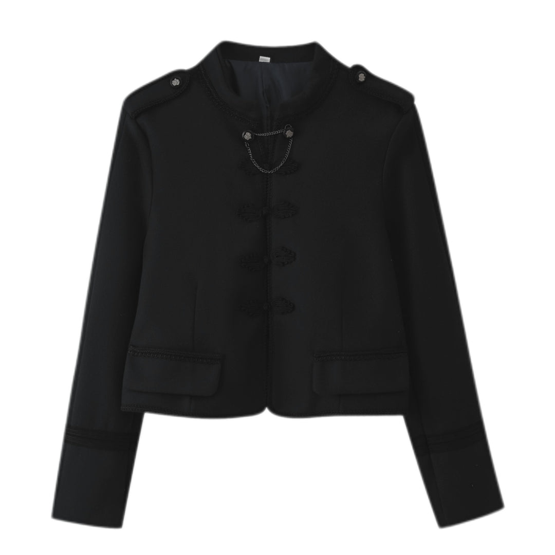 Damen Kurzjacke im Bouclé‑Look mit Mandarin‑Kragen, Kordelfroschverschluss und Zier‑Schulterklappen Drune