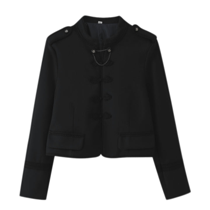 Damen Kurzjacke im Bouclé‑Look mit Mandarin‑Kragen, Kordelfroschverschluss und Zier‑Schulterklappen Drune