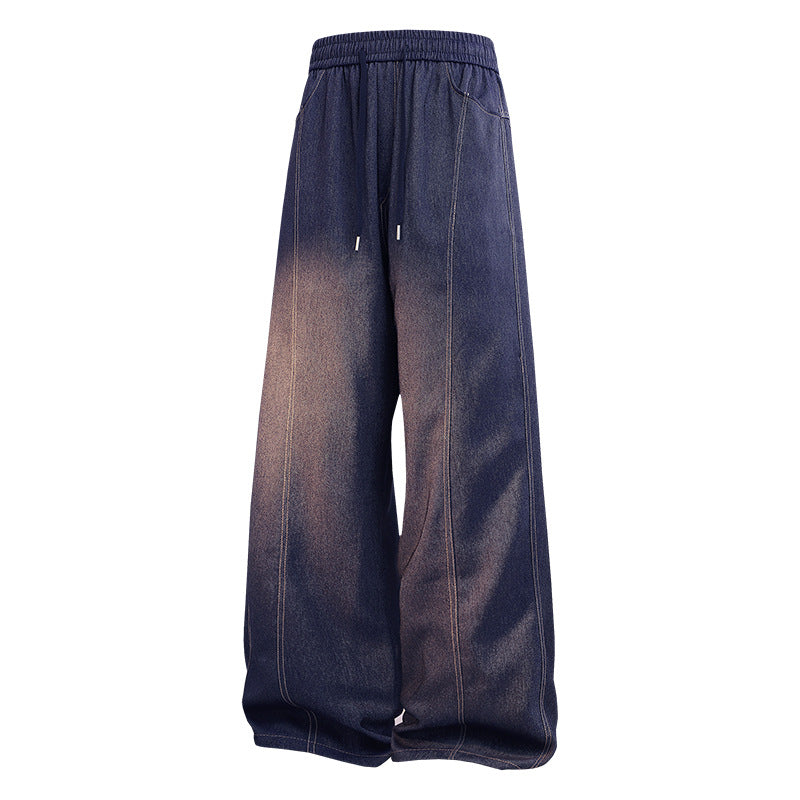 Damen Weite Denim-Hose mit elastischem Bund, Tunnelzug und vertikalen Ziernähten Drune