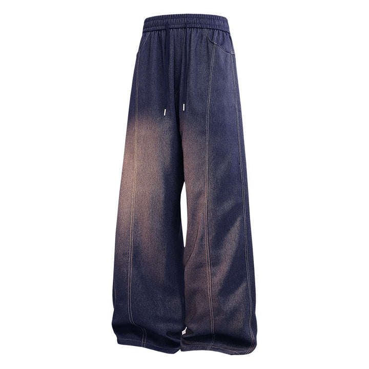 Damen Weite Denim-Hose mit elastischem Bund, Tunnelzug und vertikalen Ziernähten Drune
