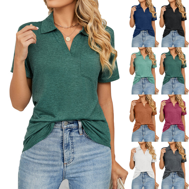 Damen Poloshirt mit modischem V-Ausschnitt und Brusttasche Drune