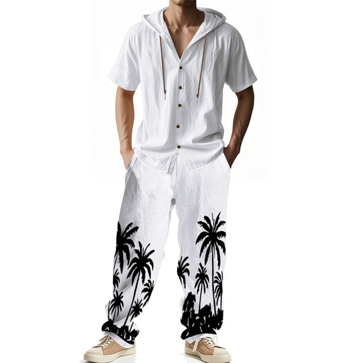 Herren nan lässiges Sommerensemble mit Kapuzenhemd und weiten Palmenmotivhose Drune