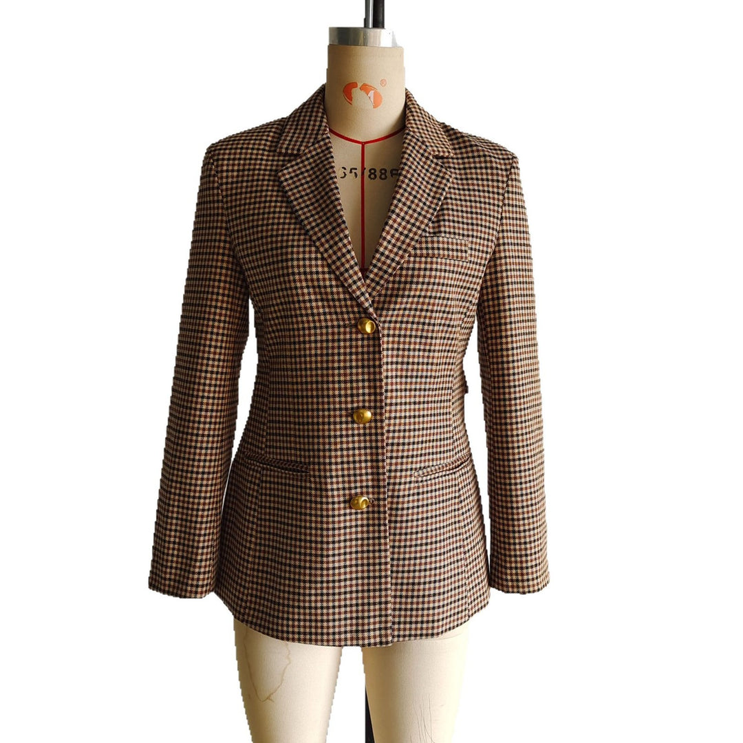 Damen nan schmal geschnittener Longblazer im Hahnentritt-Muster mit goldenen Zierknöpfen und Leistentaschen Drune