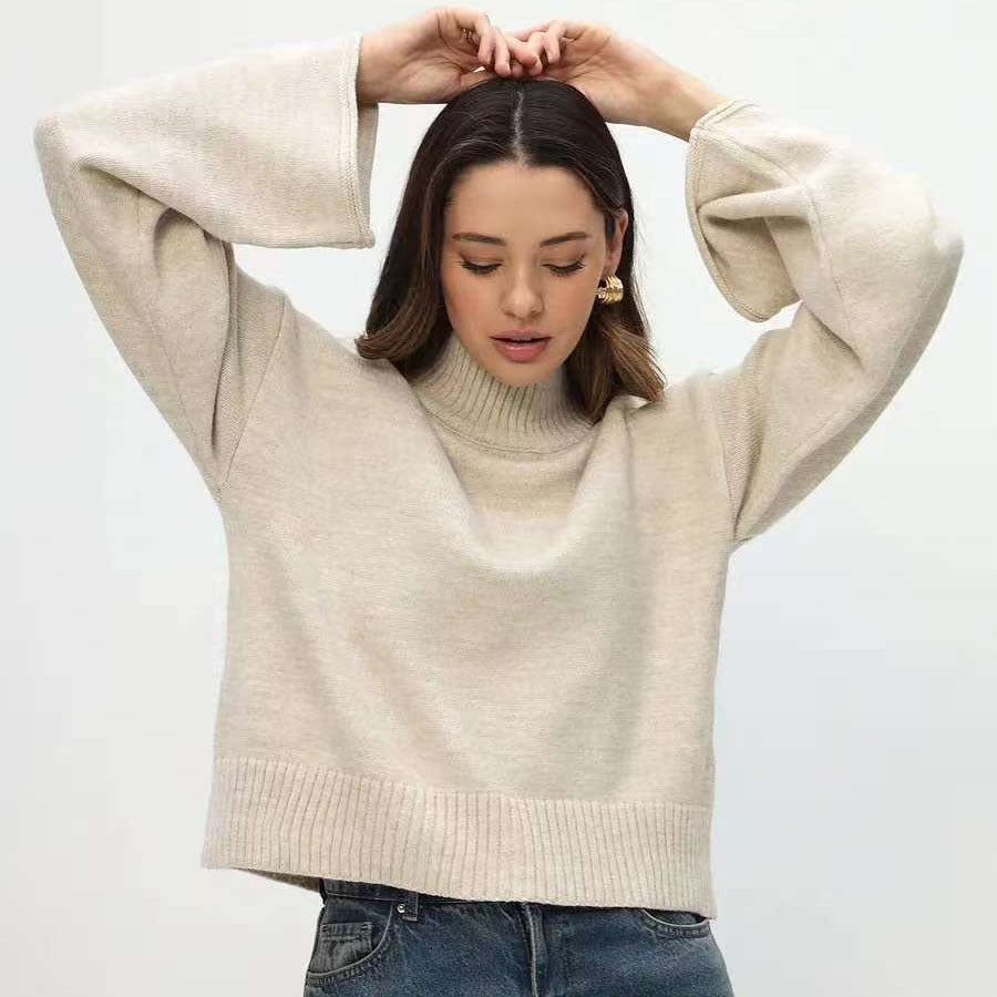 Damen Grobstrickpullover mit Stehkragen und voluminösen Ärmeln Drune