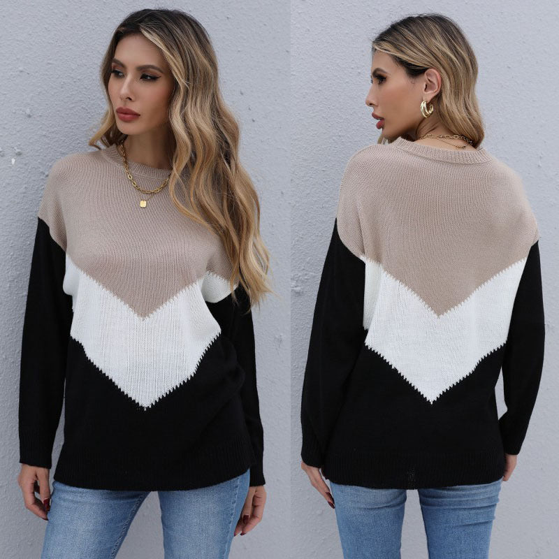 Damen Oversize-Feinstrickpullover mit Chevron-Colorblock und Rundhalsausschnitt Drune