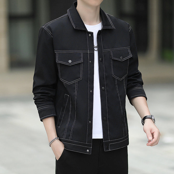Herren leichte Canvas-Truckerjacke mit sichtbaren Kontrastnähten und Brustpattentaschen Drune
