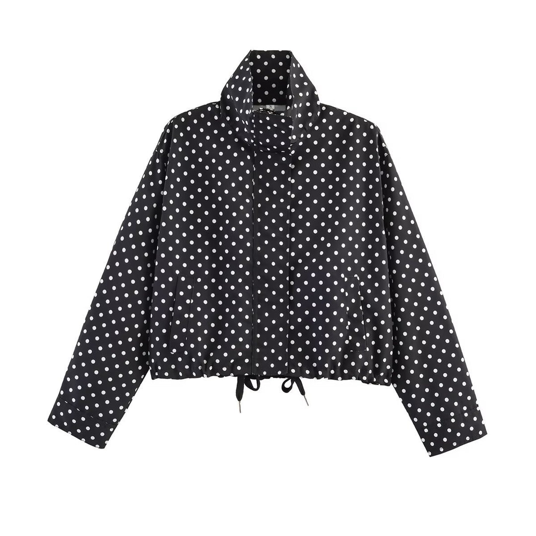 Damen Gepunktete Kurzjacke mit Stehkragen, verdeckter Frontleiste und Kordelzug Drune
