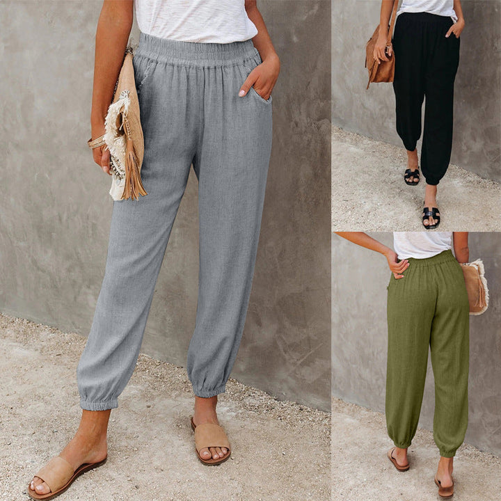 Damen lässige Leinen-Hose mit elastischem Bund und Gummizug Drune