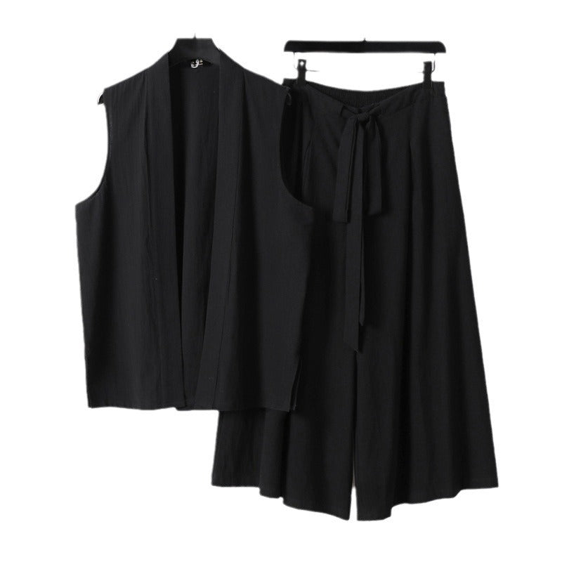 Damen Ärmellose Kimono-Weste und Hochtaillierte Culotte-Hose mit Bindegürtel Drune