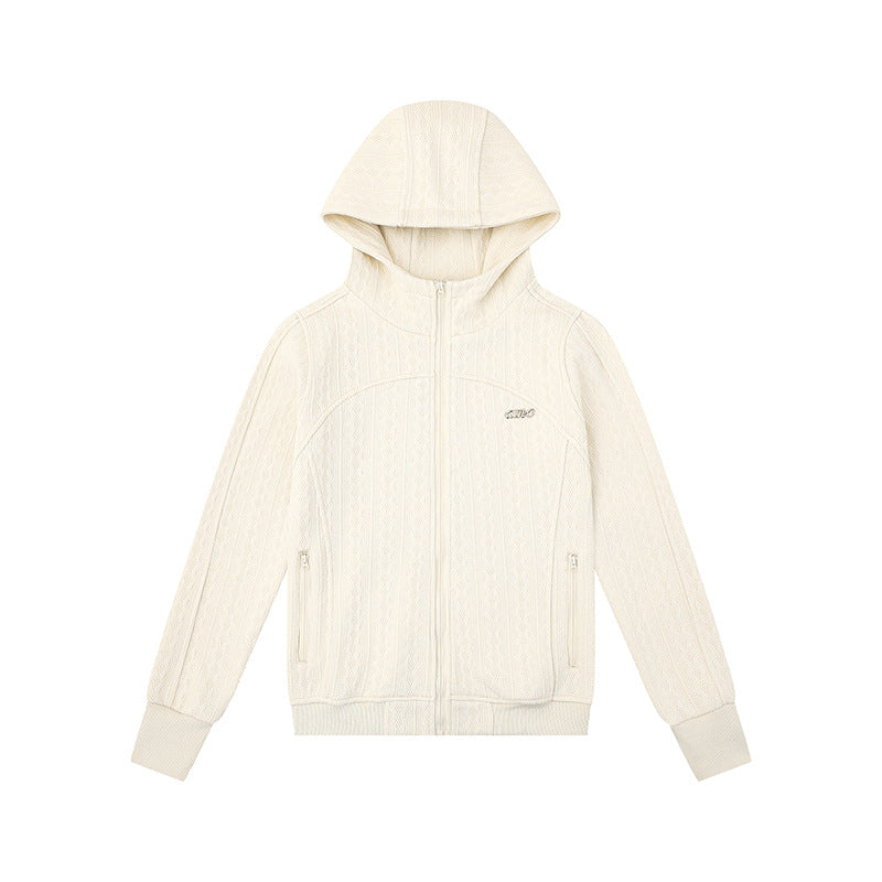 Damen Kapuzen-Strickjacke mit Zopfmuster, durchgehendem Reißverschluss und Eingrifftaschen Drune
