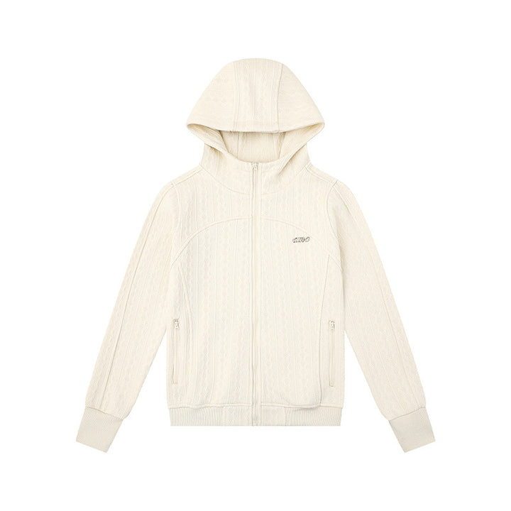 Damen Kapuzen-Strickjacke mit Zopfmuster, durchgehendem Reißverschluss und Eingrifftaschen Drune