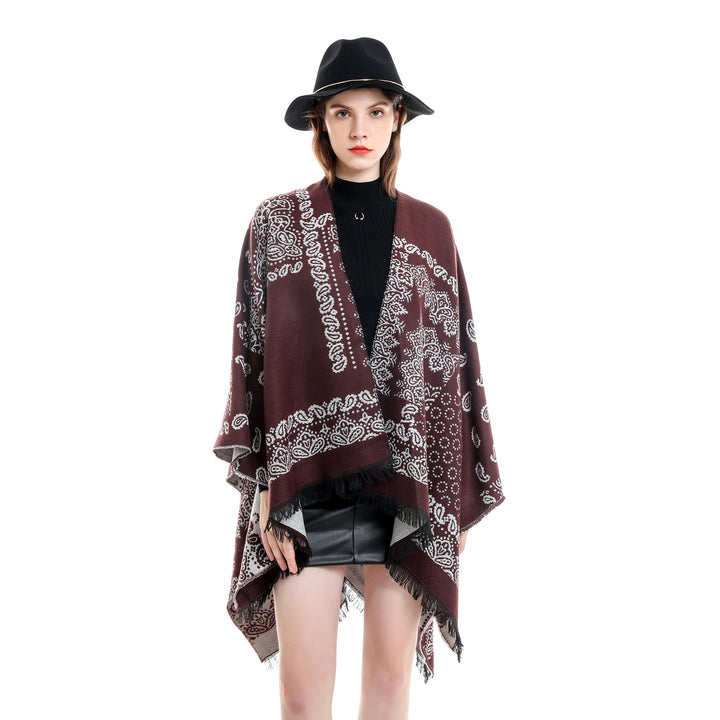 Damen Jacquard-Umhangponcho mit Paisley-Muster und Fransen Drune