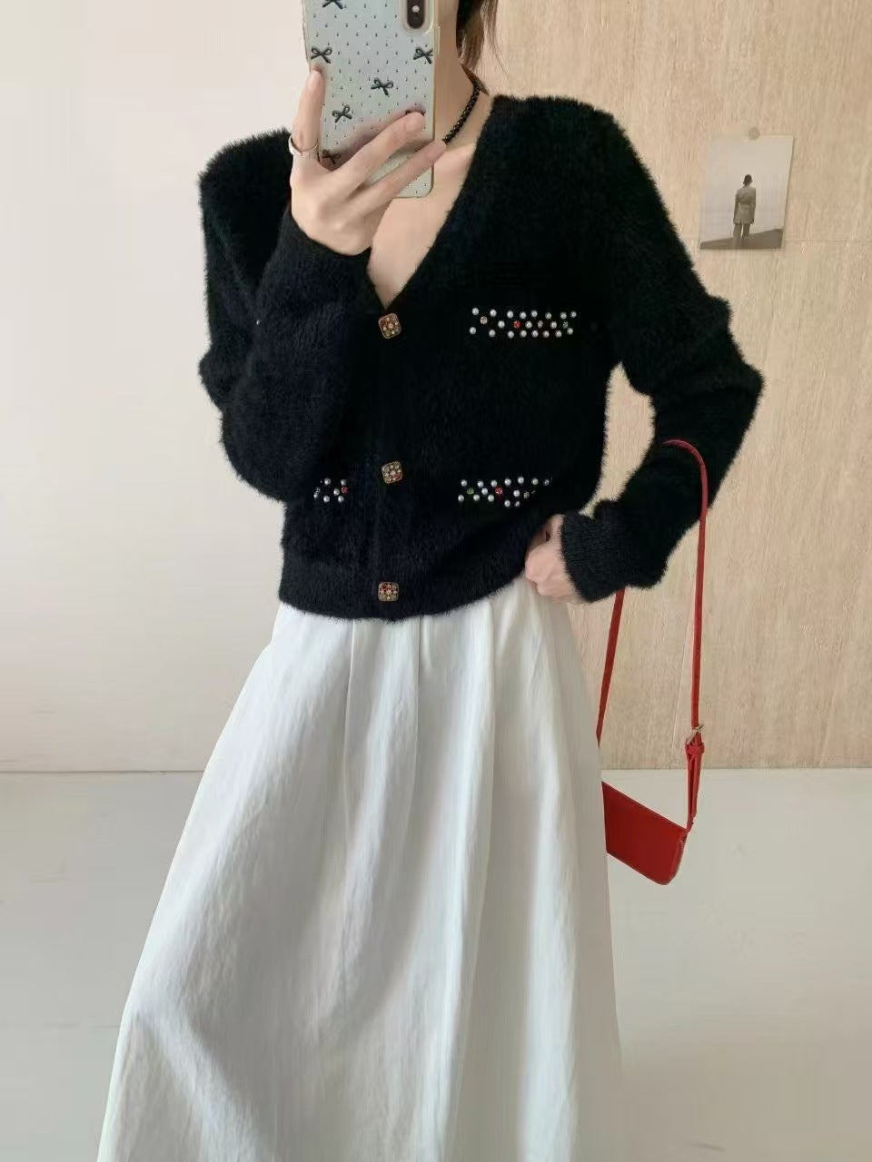 Damen Verspielter V-Ausschnitt Cardigan mit Perlen Drune