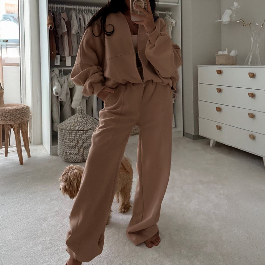 Damen nan Oversize-Zipjacke und hochgeschnittene Palazzohose aus weichem French-Terry Drune
