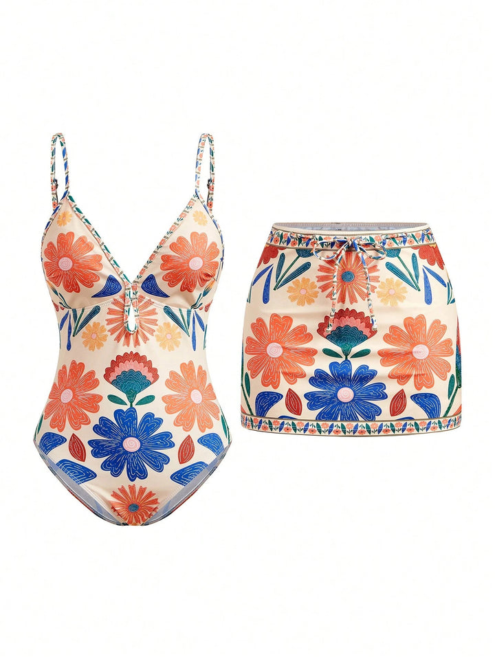 Damen Blumenmuster Badeanzug mit passendem Rock Drune