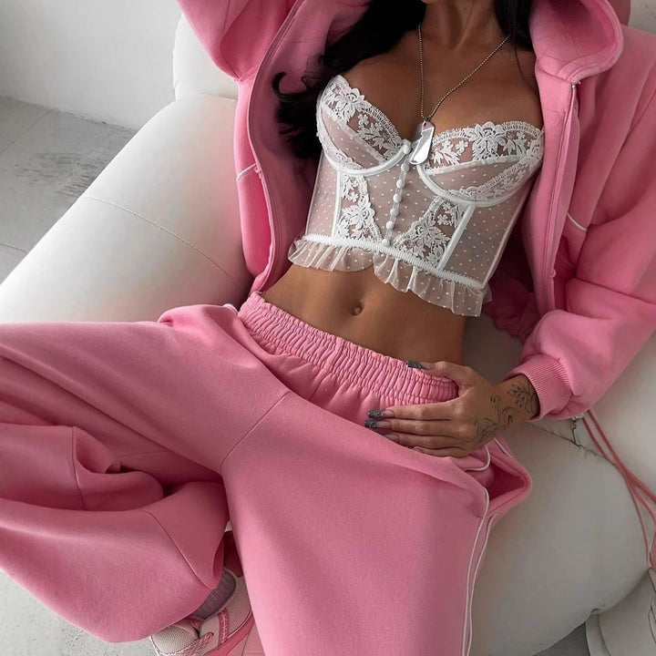 Damen sportlicher Jogginganzug mit weitem Schnitt und Reißverschluss Drune