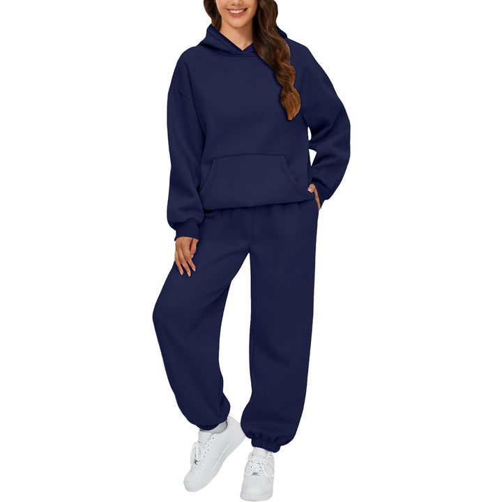 Damen nan gemütliches French-Terry Loungewear-Set mit doppellagiger Kapuze, Kängurutasche und elastischem Knöchel-Jogger Drune