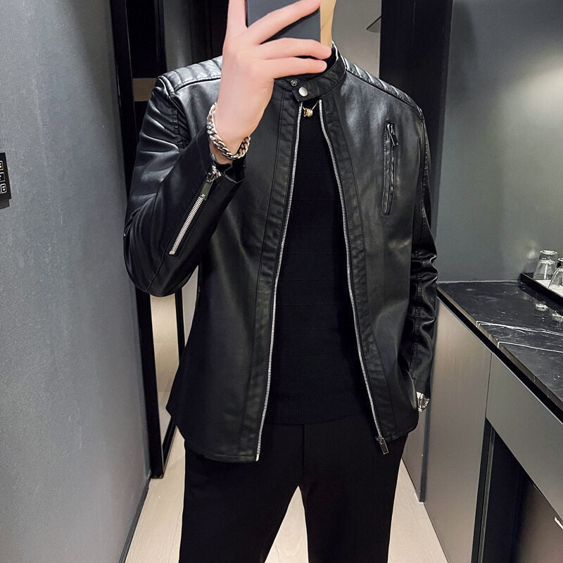 Herren Elegante Lederjacke mit Stehkragen Drune