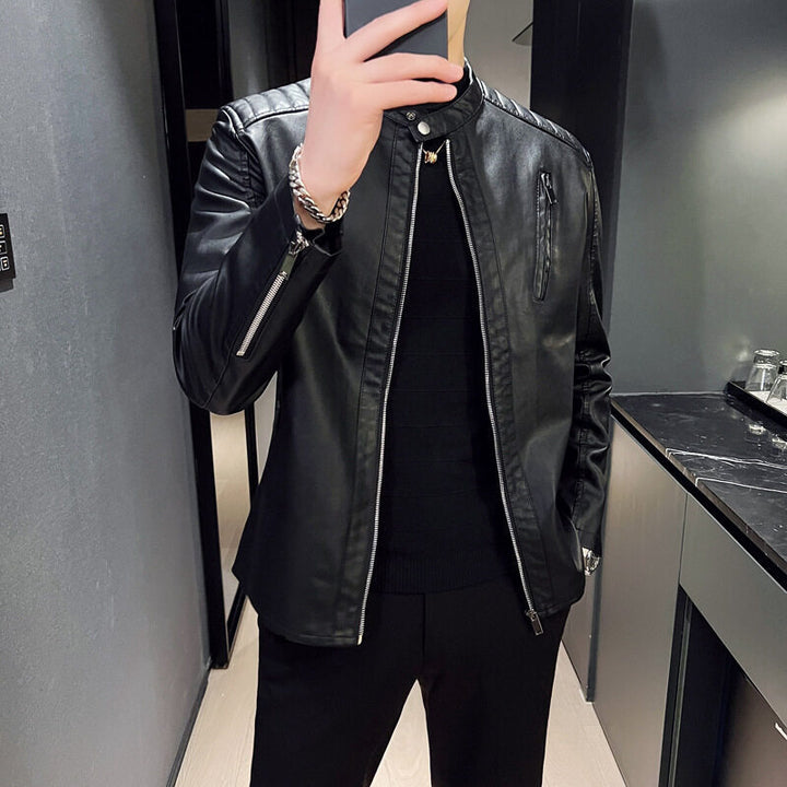 Herren Elegante Lederjacke mit Stehkragen Drune
