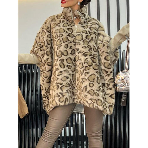Damen Elegante Plüschjacke mit Leopardenmuster und hohem Kragen Drune