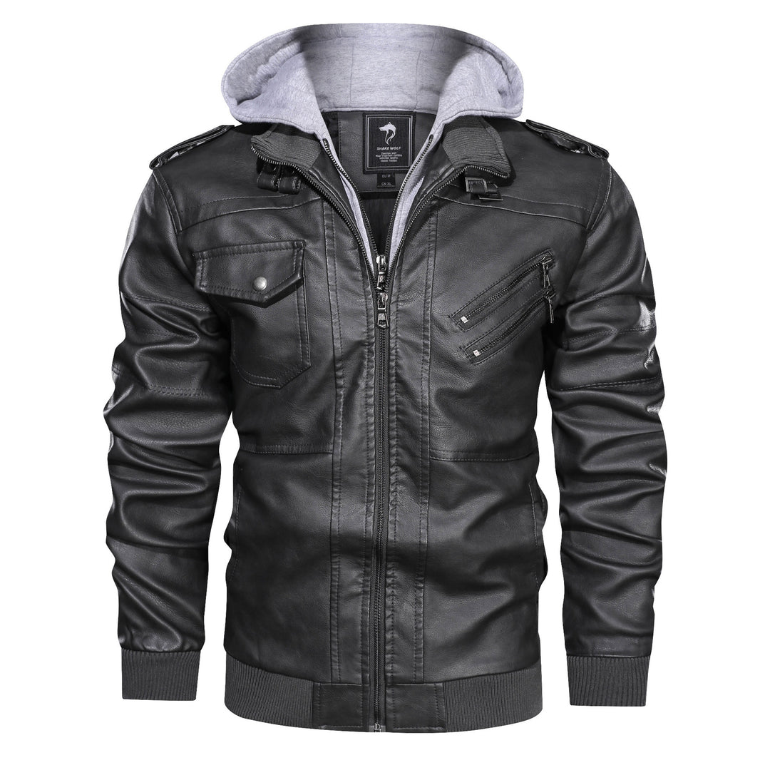 Herren Lederoptik-Utility-Jacke mit Kapuze, Reißverschlusstaschen und Rippbündchen Drune