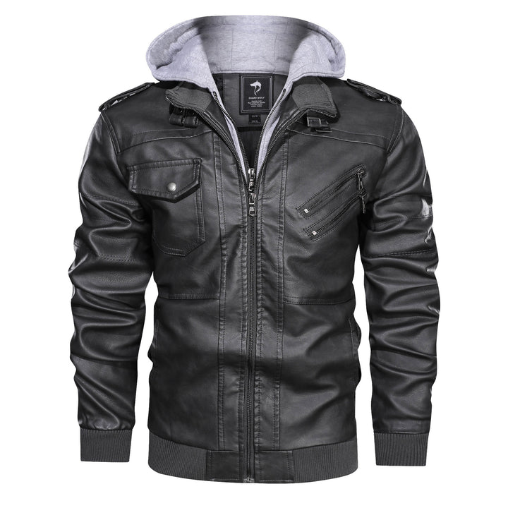 Herren Lederoptik-Utility-Jacke mit Kapuze, Reißverschlusstaschen und Rippbündchen Drune