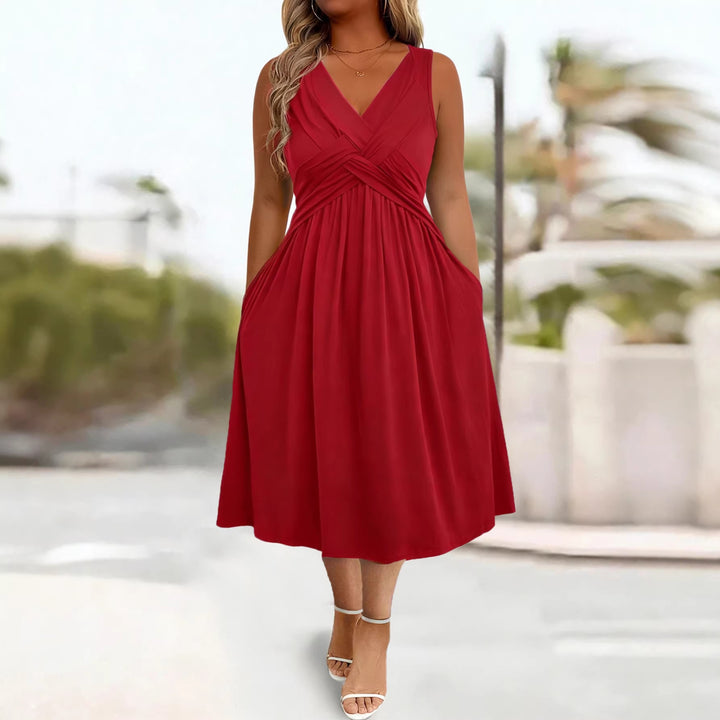 Damen Sommerkleid mit tiefem V-Ausschnitt und Seitentaschen Drune