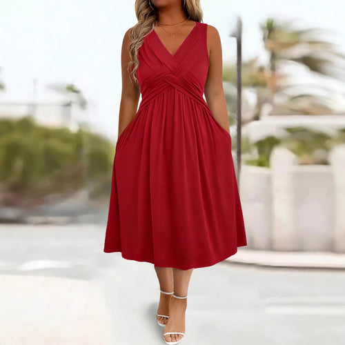 Damen Sommerkleid mit tiefem V-Ausschnitt und Seitentaschen Drune