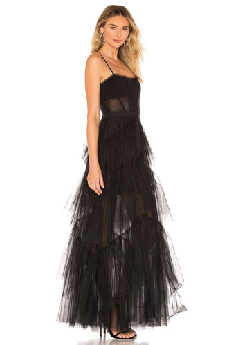 Damen Maxikleid mit mehrlagigem Tüllsaum und transparenter Einsätzen Drune