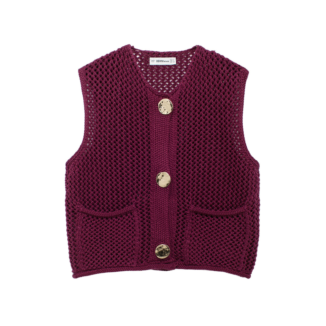 Damen gehäkelte Strickweste mit großen Zierknöpfen und Aufsatztaschen Drune
