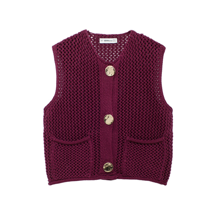 Damen gehäkelte Strickweste mit großen Zierknöpfen und Aufsatztaschen Drune