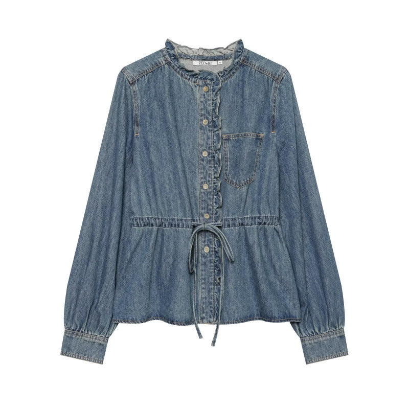 Damen Rüschenbluse aus Denim‑Optik mit Tunnelzugtaillierung und Knopfleiste Drune