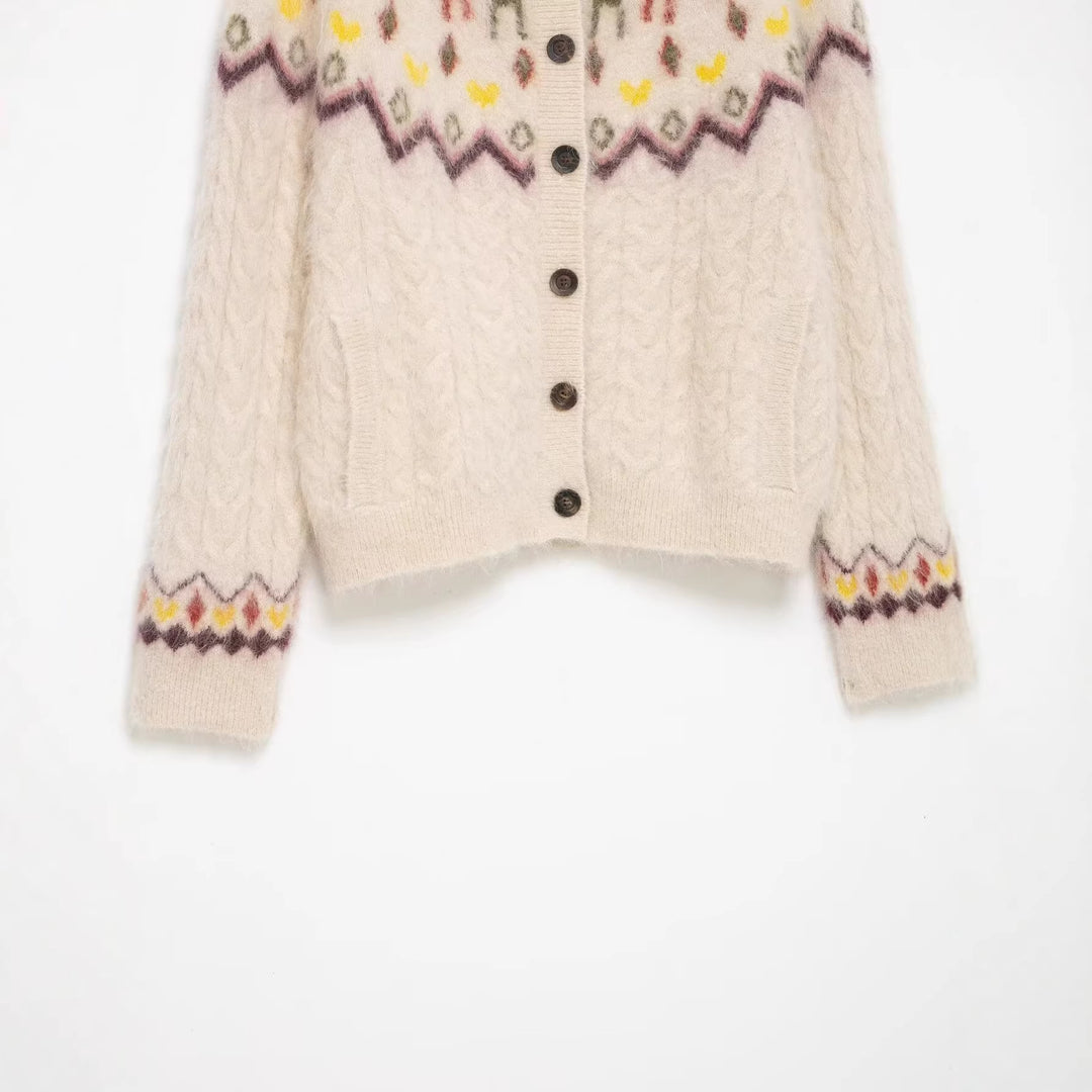 Damen 10+ gemusterte Mohair‑Cardigan mit Norweger‑Motiv, Zopfmuster und Knopfleiste Drune