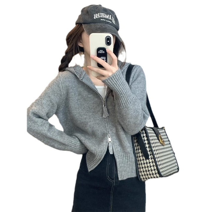 Damen Leichte Strickjacke mit Hoodie und Reißverschluss Drune