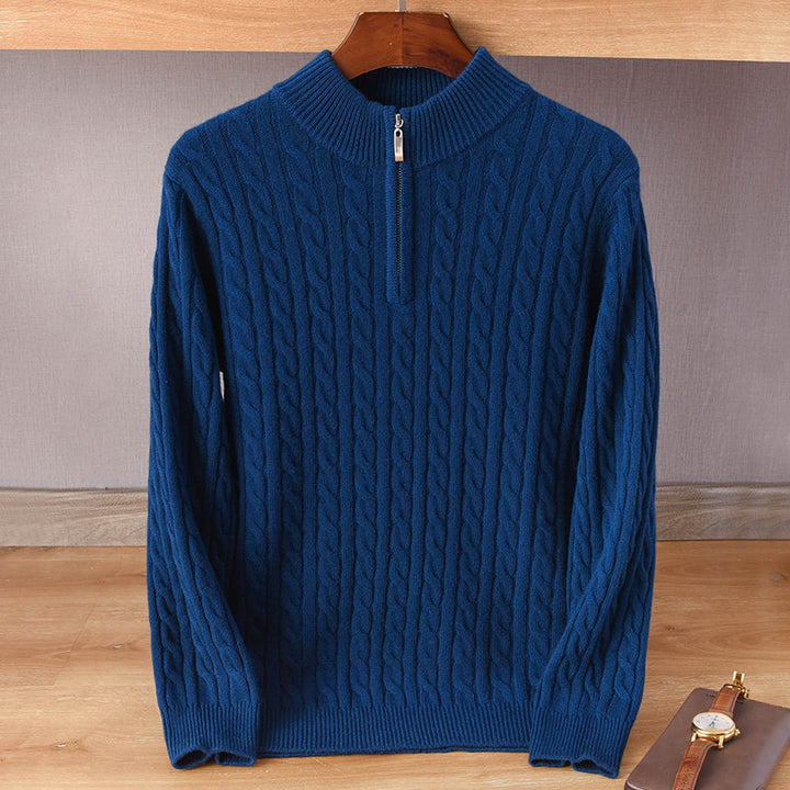 Herren Zopfmuster-Halbzip-Pullover aus weichem Wollmix mit Stehkragen Drune