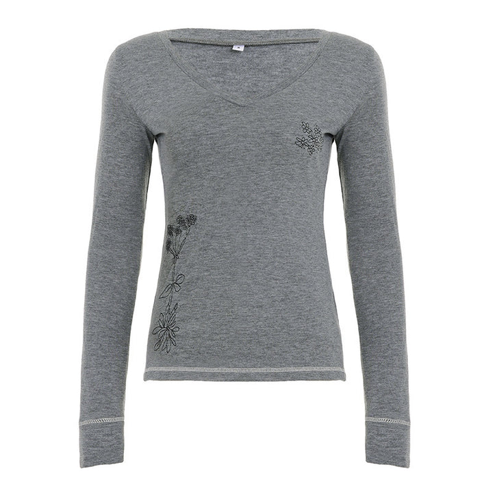 Damen Langärmeliges V-Ausschnitt-Shirt mit feiner Blumenstickerei Drune