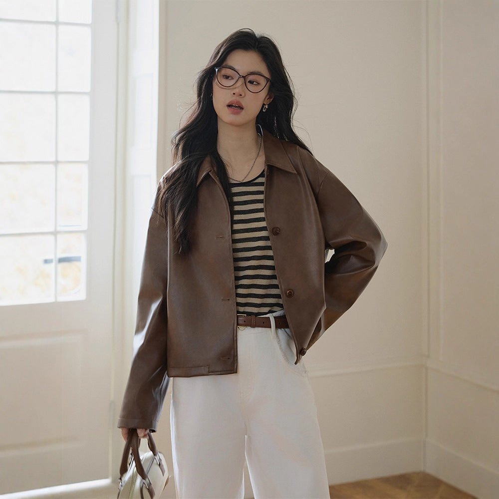 Damen Boxy-Lederoptik-Jacke mit Hemdkragen und Knopfleiste Drune