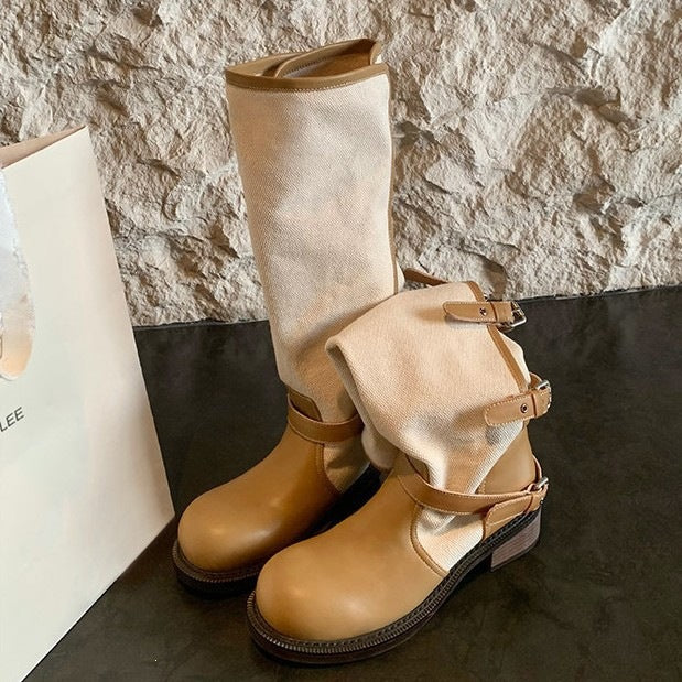 Damen kniehohe Leder-Canvas Stiefel mit verstellbaren Schnallen Drune